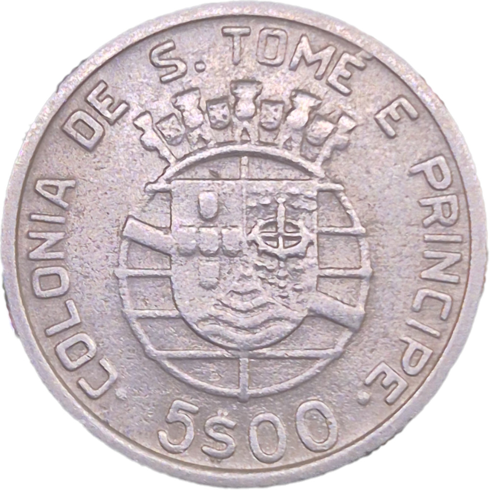 Moeda em prata de S. Tomé e Príncipe com o valor facial de 5 Escudos datada de 1939.