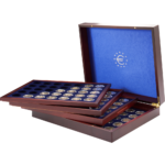 Estojo para 140 moedas de 2 euros em cápsulas.